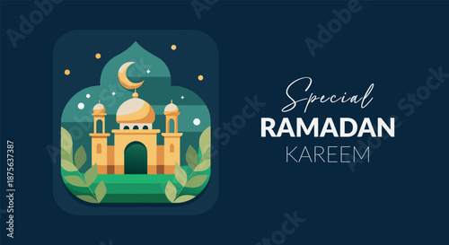 Special ramadan kareem greeting with a beautiful mosque illustration under a crescent moon