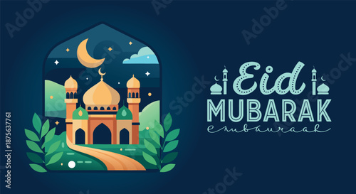 Eid mubarak greeting with a beautiful mosque illustration under a crescent moon and starry night