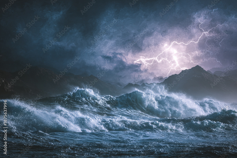 Naklejka premium Storm at sea with lightning flashes over dark waves and mountains in the background