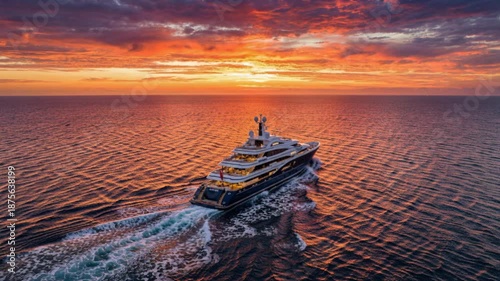 Majestic superyacht sailing in the open ocean during golden sunset.
