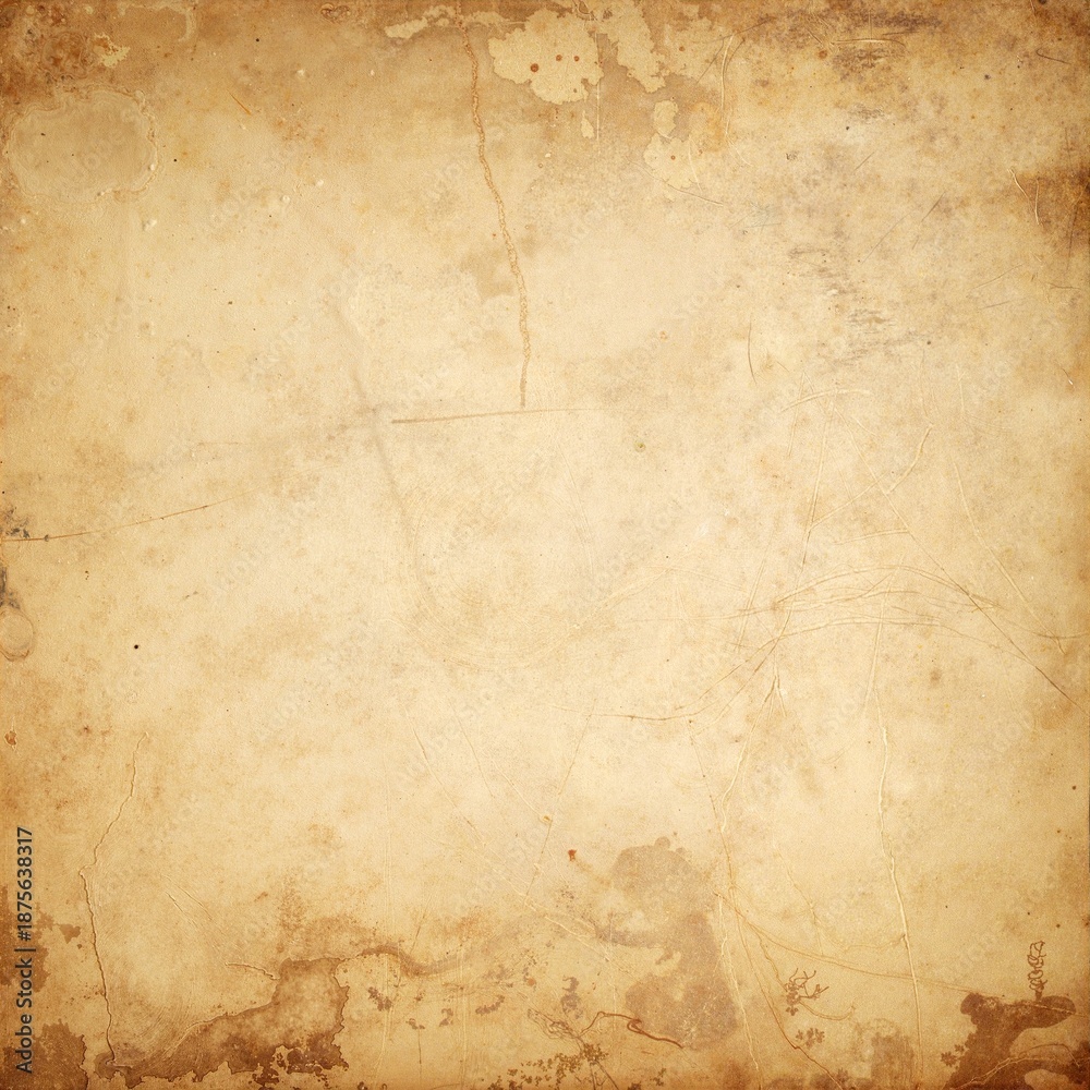 Fototapeta premium A slightly crumpled piece of paper featuring various dark stains, hinting at previous use, with a textured surface and soft, worn edges.