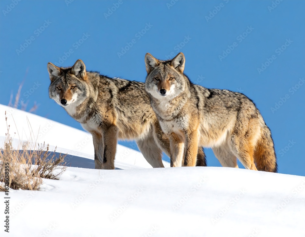 Fototapeta premium Two canids, with tawny coats and alert eyes, stand on a snow-covered ridge against a clear, azure sky