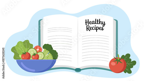 Healthy Recipes Book with Fresh Vegetables Illustration