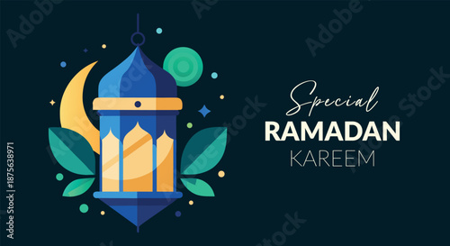 A special ramadan kareem greeting featuring an elegant islamic lantern and crescent moon
