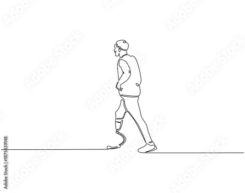 Continuous one line drawing of man with prosthetic leg. One line drawing illustration of sportsman use prosthetic leg. Assistive Technology under a health concept single line. Editable outline