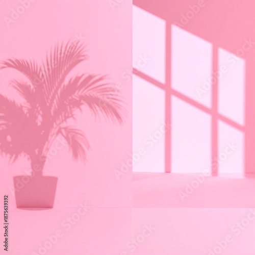 A vibrant green potted plant with lush leaves stands prominently in front of a soft pink wall, creating a striking contrast and a cheerful atmosphere.