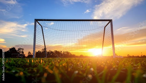 Low angle football goal photography at vibrant sunset with golden backlight, textured green grass, dramatic sky and peaceful empty sports field