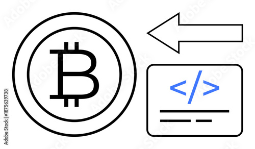 Cryptocurrency, blockchain, fintech, software development, coding, transaction processing. Bitcoin symbol alongside programming code snippet and directional arrow. Cryptocurrency and blockchain