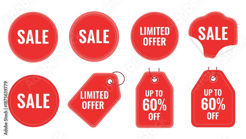 Vibrant promotional sale tags and stickers collection isolated on transparent background