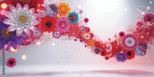 Vibrant digital art featuring a floral arrangement in a circular pattern with diverse flowers and abstract shapes