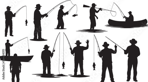 Vector illustration featuring black silhouettes of business people and diverse individuals engaging in sport and recreation activities like golf, skiing, fishing, and walking a tightrope balance