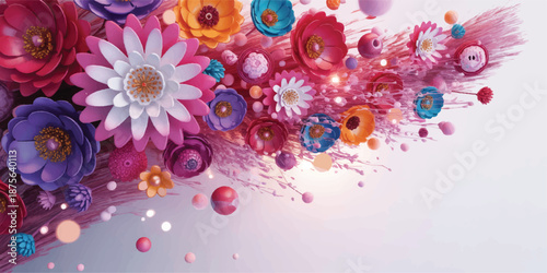 A vibrant digital art background featuring flowers, splashes, and colorful blooms in a dynamic composition