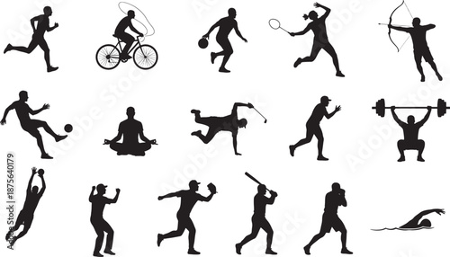 Vector illustration set of black silhouettes featuring men and women athletes in motion including people running and players for soccer, basketball, and tennis in various sports competition poses