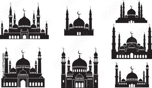Vector illustration set of the Hungarian Parliament building in Budapest featuring a landmark city skyline with architectural icons of towers, domes, and European monuments in a silhouette design