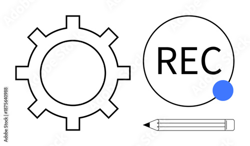Technology, creative process, content creation, recording, design, functionality. Gear symbol, recording icon with blue dot and pencil graphic. Technology and creative process concept