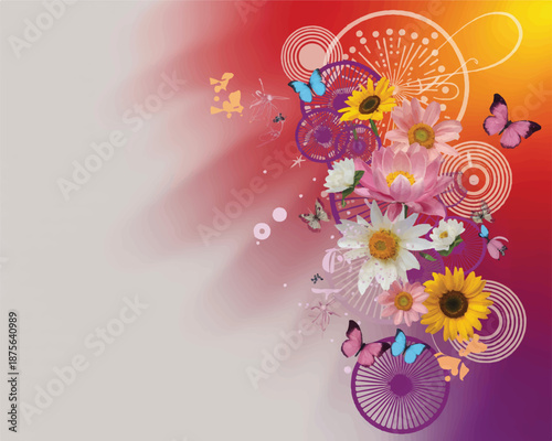 A vibrant floral art print featuring flowers, butterflies, and abstract designs on a gradient background