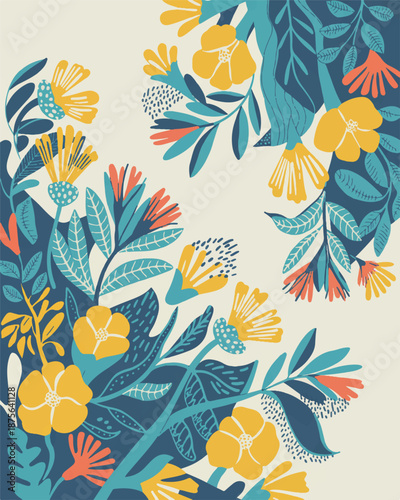 Vibrant floral art print featuring flowers, leaves, and foliage in a decorative botanical design on a white background