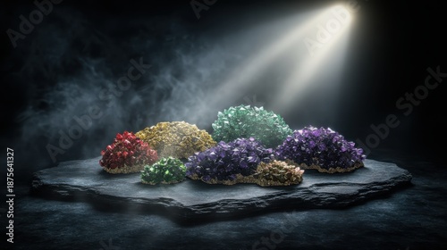 Clusters of colorful raw gemstones and minerals are displayed on a dark slate surface with atmospheric lighting