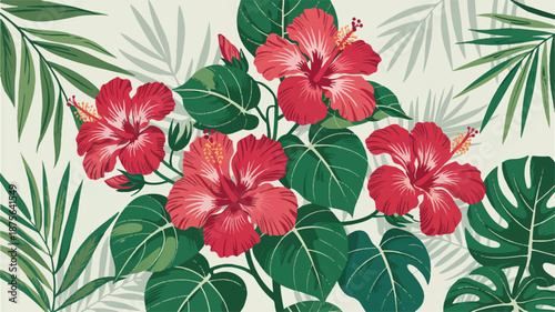 A vibrant vector illustration of tropical flowers and lush greenery in a botanical garden setting from an overhead viewpoint