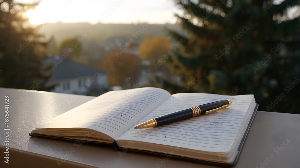 Fototapeta premium An open notebook with a pen rests on a surface during golden hour with a blurred outdoor landscape in the background