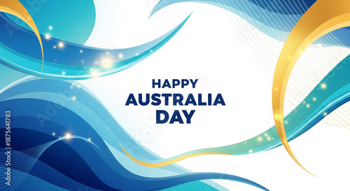 Happy Australia Day Elegant Background featuring Fluid Blue Waves Teal Swirls Golden Sparkles and Luxury Shimmer for National Holiday Celebrations Event Invitation