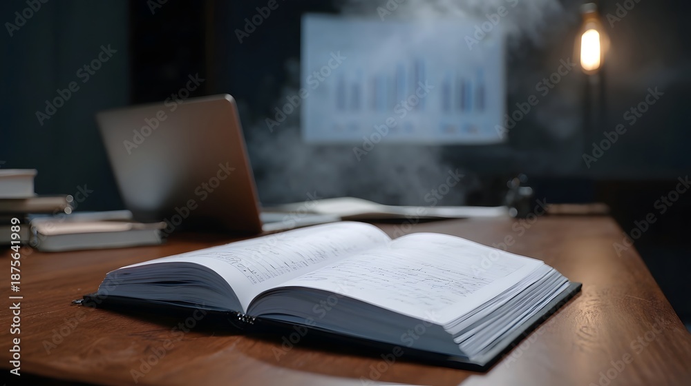 Obraz premium An open notebook and laptop rest on a wooden desk with charts and a lamp visible in a misty atmospheric office