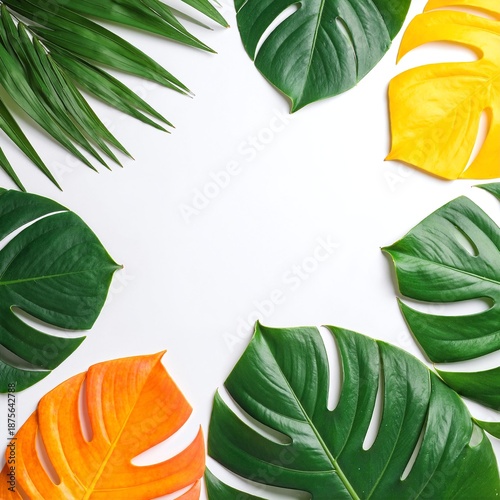 A bright white background showcases vibrant tropical leaves in lush greens, interspersed with fresh, juicy oranges, creating a lively and refreshing scene.
