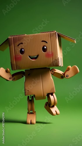 A cheerful cardboard box character dancing playfully on a bright green background, conveying joy, creativity, and childlike imagination in a fun 3D animated style.