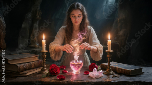 Young woman performs love spell ritual with candles and crystal heart ball on altar invoking magic to attract soulmate in mystical candlelit atmosphere. Valentine's Day magic