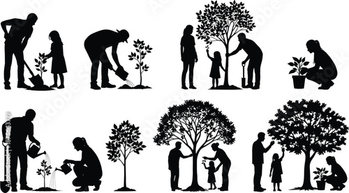 Family tree planting silhouette set parents children gardening together nature care environment growth illustration isolated black figures