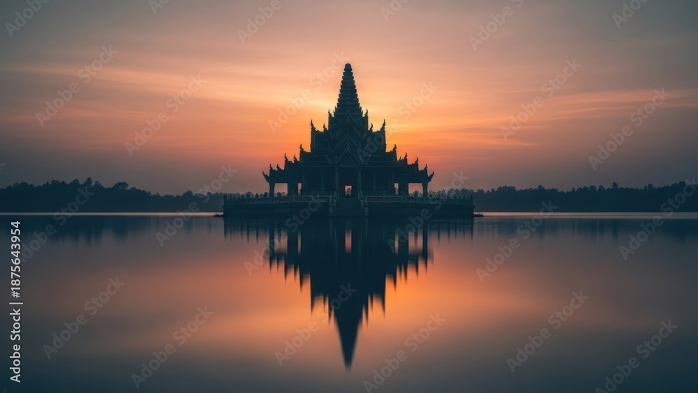 Fototapeta premium A serene temple reflected in calm water at sunset, silhouetted against a vibrant sky