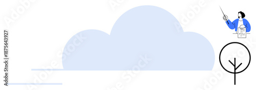 Person pointing to a chart while explaining cloud concept, minimalist tree, fluffy cloud. Ideal for education, technology, ecology, sustainability, communication, data sharing teaching concepts