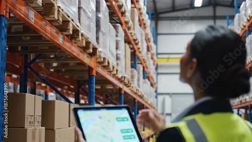 Woman in warehouse using tablet for navigation. Over-the-shoulder view of logistics worker viewing digital map and gesturing. Inventory management and supply chain technology footage.