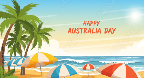 Happy Australia Day Celebration Illustration featuring a Tropical Beach Scene with Palm Trees Colorful Striped Umbrellas Blue Ocean Waves Golden Sand and Sunny Sky for Summer Holiday Posters