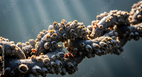 Barnacles on rope in ocean water.