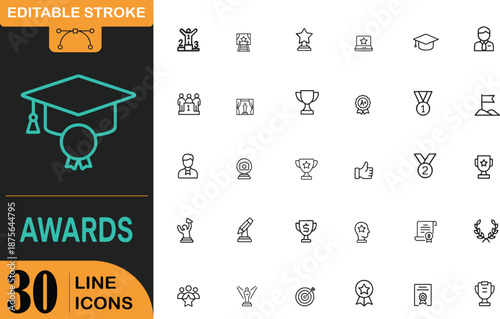 Editable stroke line icons of awards and achievements