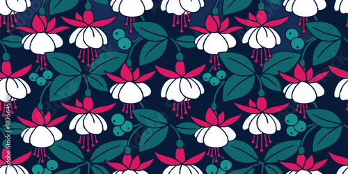 An artistic pattern, showcasing a repeating design of vibrant fuchsia flowers, adorned with graceful leaves and delicate berries.