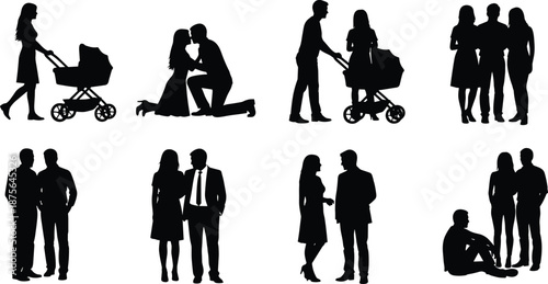 Family,people,silhouette,relationships,couple,parents,baby,stroller,group,standing,love,life,stages,social,interaction,men,women,vector,illustration,concept