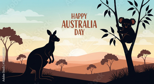 Happy Australia Day Celebration Background featuring Kangaroo and Koala Silhouettes in a Scenic Outback Sunset Landscape with Eucalyptus Trees and Rolling Hills for National Holiday