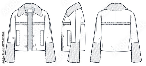 Shearling Jacket Technical Fashion Illustration. Faux Fur Winter Coat Fashion Flat Technical Drawing Template, batwing sleeve, pockets, front, side and back view, white, women, men, unisex CAD mockup.