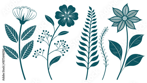 Elegant botanical illustrations of flowers and leaves in teal