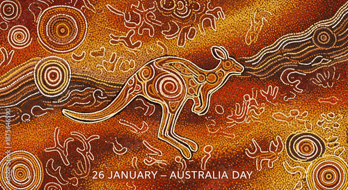 Happy Australia Day Celebration Background featuring Traditional Indigenous Aboriginal Style Dot Painting Art with a Kangaroo Silhouette and Earthy Textured Patterns for January 26 National Holiday