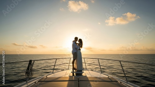 Romantic couple embraces on a yacht at sunset, golden light illuminating ocean