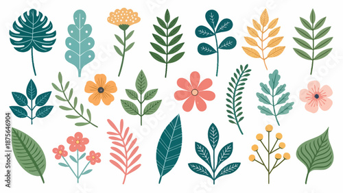 Vibrant floral elements for design with leaves and flowers