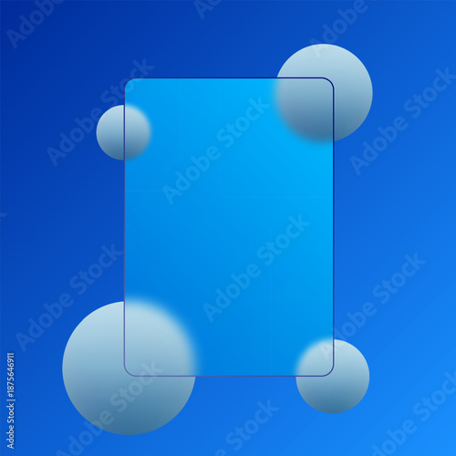 Vertical blue glass morphism background with frosted glass panel and spheres. Eps 10