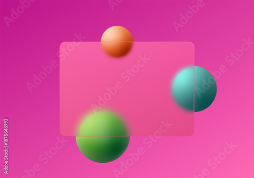 Pink background with glass morphism effect and colorful volumetric 3D spheres. Eps 10