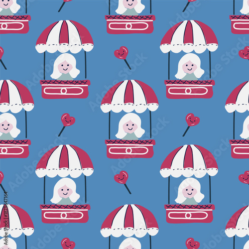 Happy Valentine's Day seamless pattern with  pink hot air baloon and hearts. Romantic vector background.	