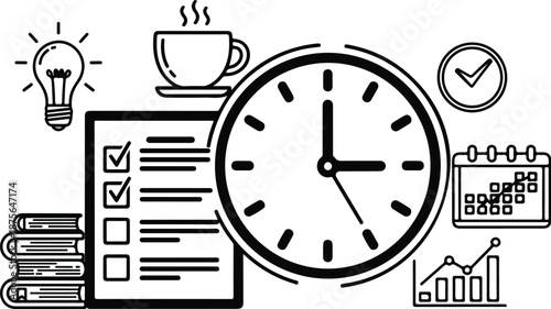 Business planning and productivity sketch with clock and checklist icons