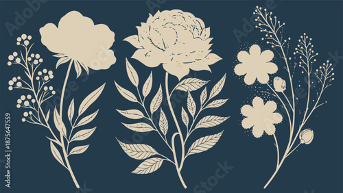 Elegant floral illustrations on dark blue background for design