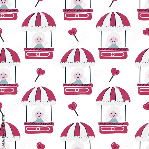 Happy Valentine's Day seamless pattern with  pink hot air baloon and hearts. Romantic vector background.	